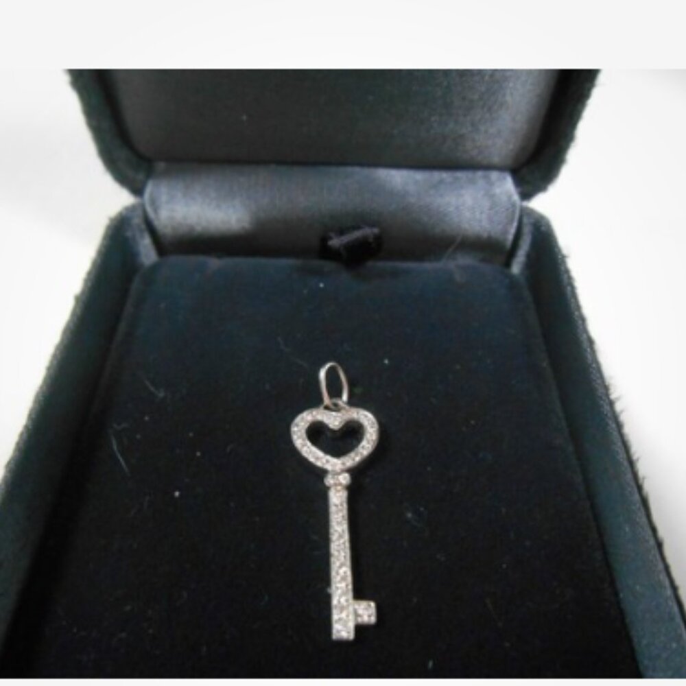 Tiffany & Co Platinum Diamond Encrusted Open Heart Key Pendant For Necklace